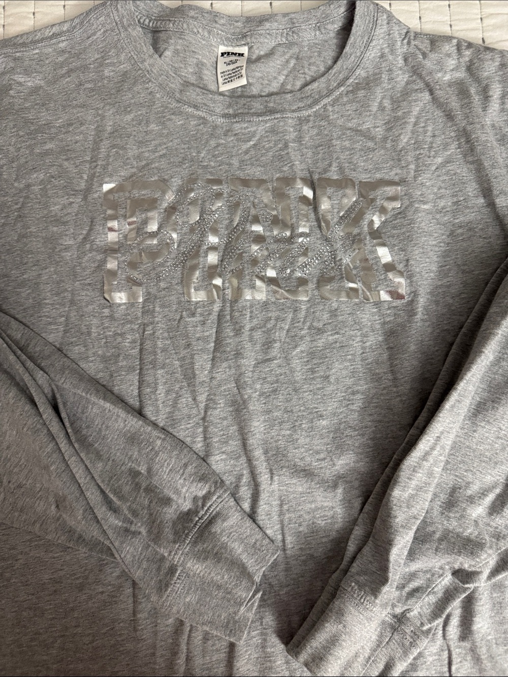 PINK Victoria's Secret Gray Long-Sleeve Logo Tee with Metallic Accents